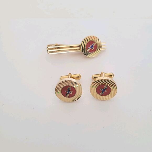 Unbranded Bar Clip Cufflinks Set Gold Red Tone Round Bird Eagle? - Picture 1 of 6